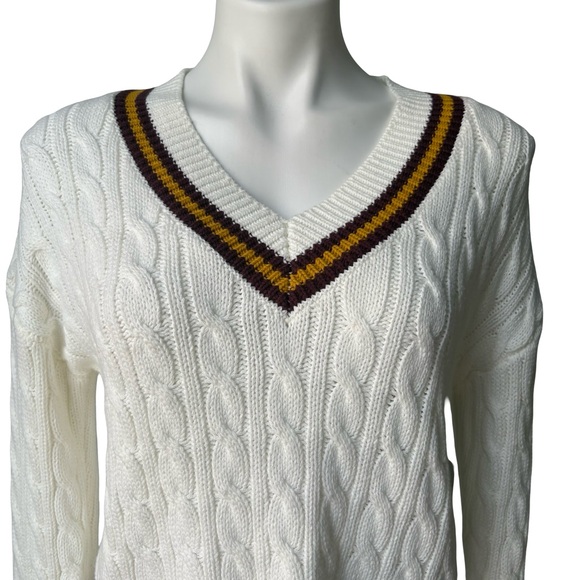 NWT, 1. State White Cable Knit V Neck Preppy Tennis Academia Sweater, Sz XS - Picture 7 of 13